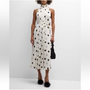 Halpern Polka-Dot Plisse Belted Halter Midi Dress